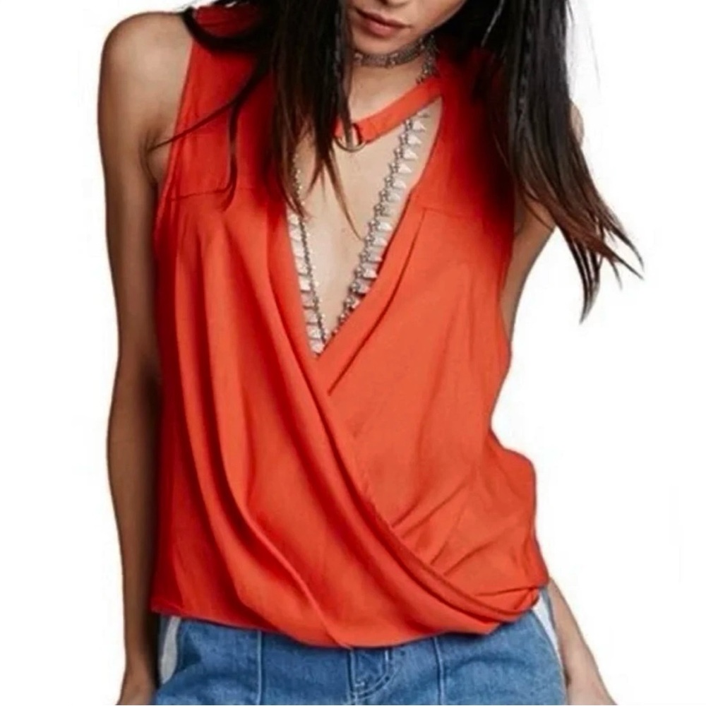 Free People So Fine Wrap Tank Top Orange Choker Deep V Neck Boho Flowy sz L